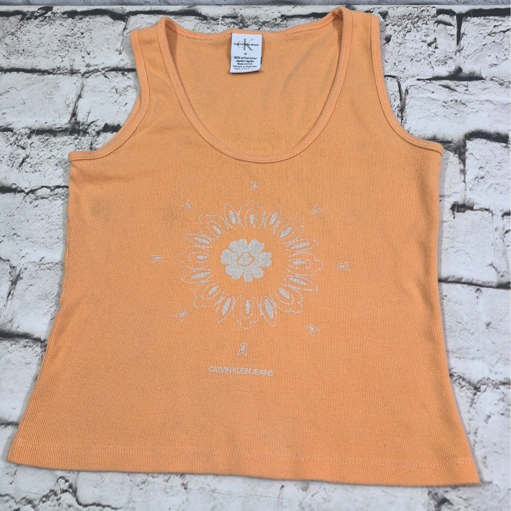 Vtg 90s Y2K Tank Top Womens M Orange Ribbed Scoop Neck Sunflower Calvin Klein